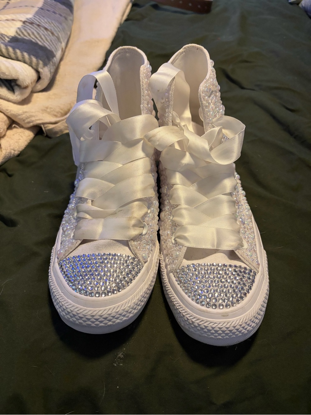 White Crystal-Pearl High-Top Sneakers with Satin Laces